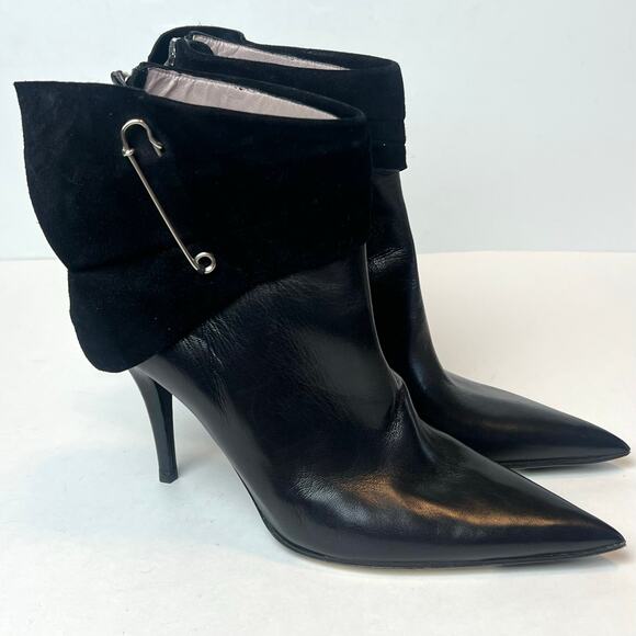 Elman Venezia Black Leather High Heel Safety Pin Pointy Toe Booties Sexy Punk - Picture 1 of 11